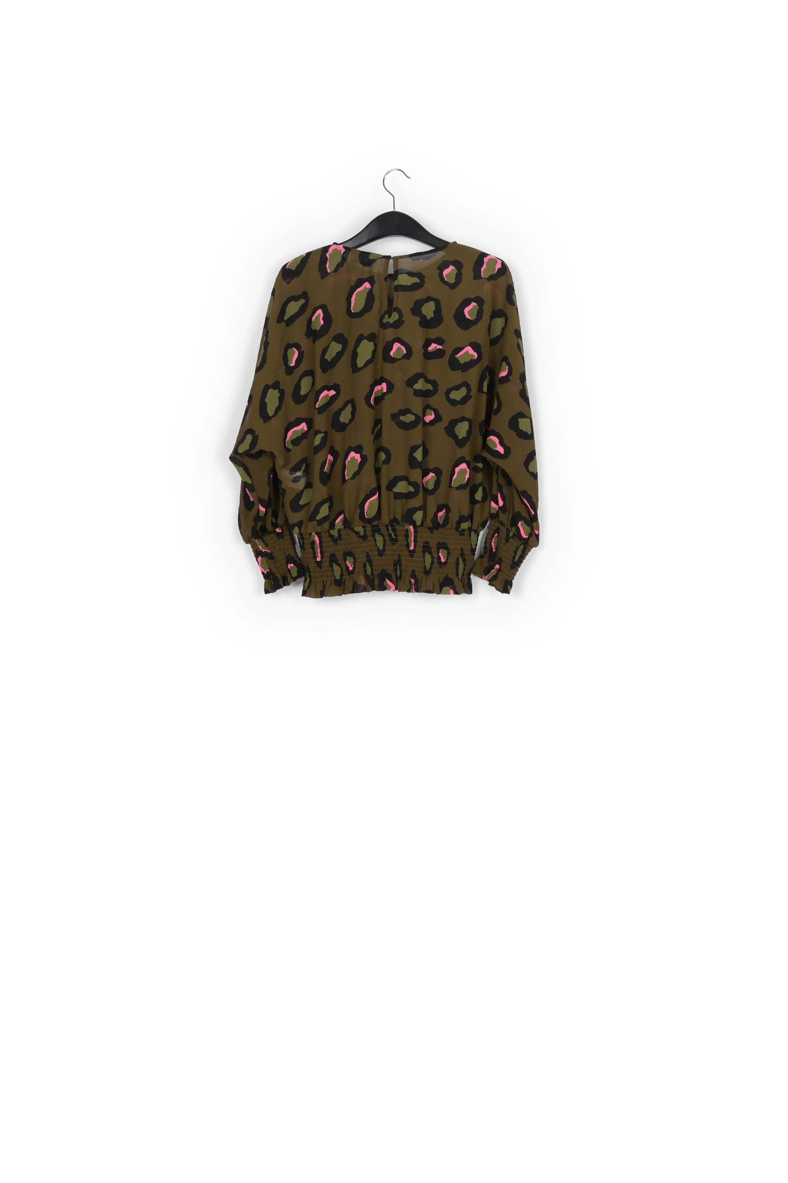 Khaki smocked top with leopard print