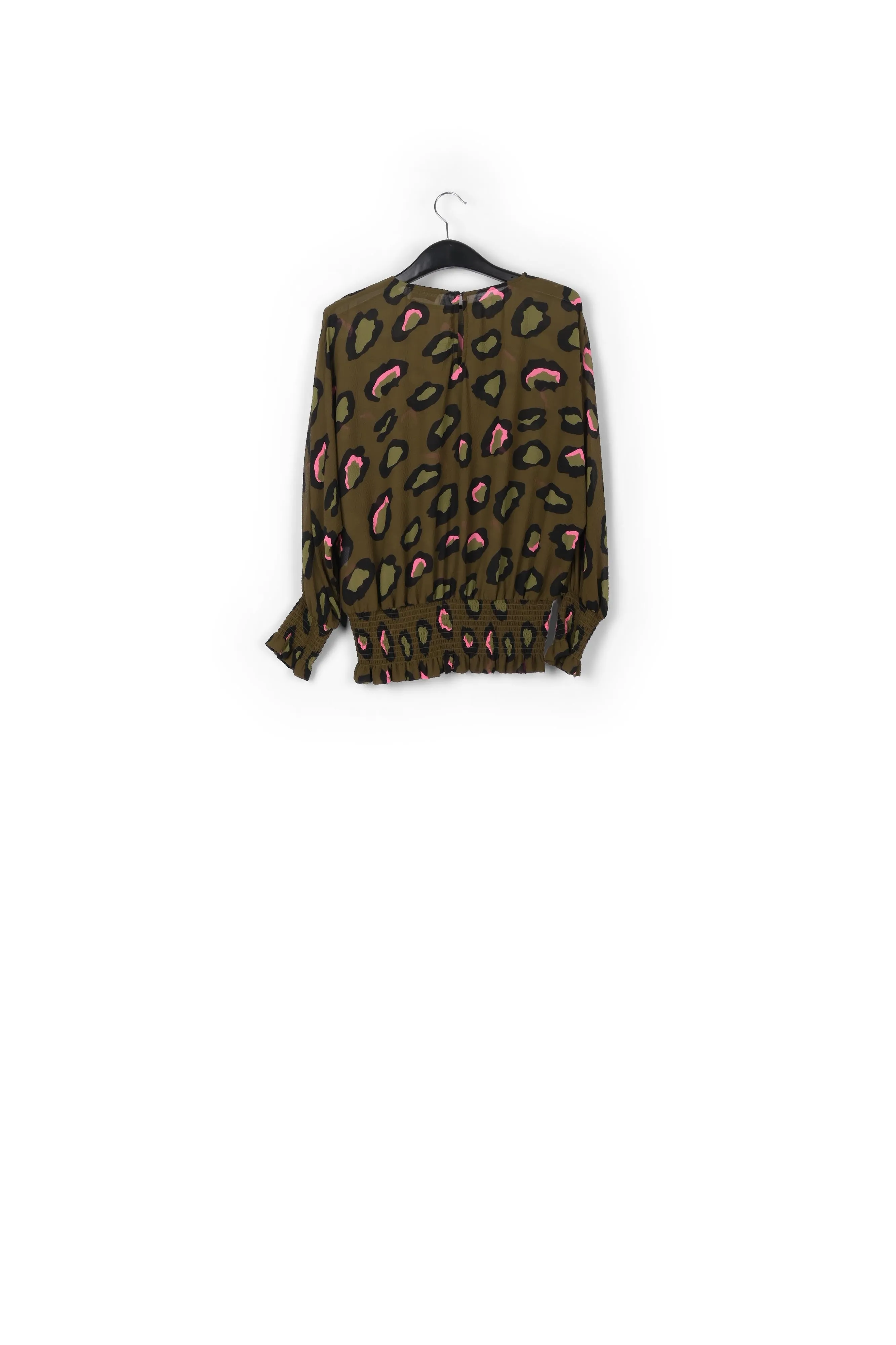Khaki smocked top with leopard print