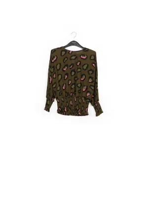 Khaki smocked top with leopard print