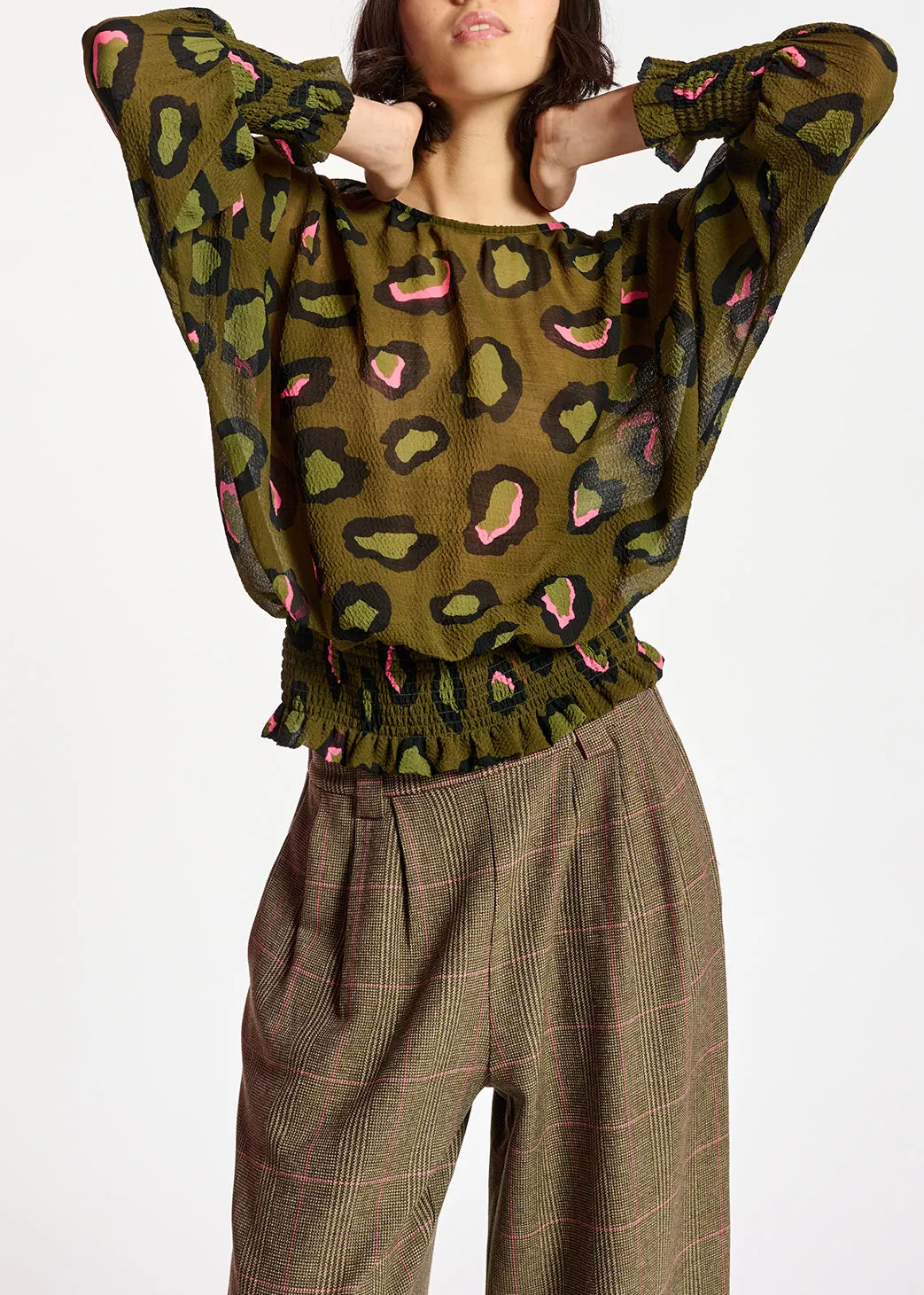 Khaki smocked top with leopard print