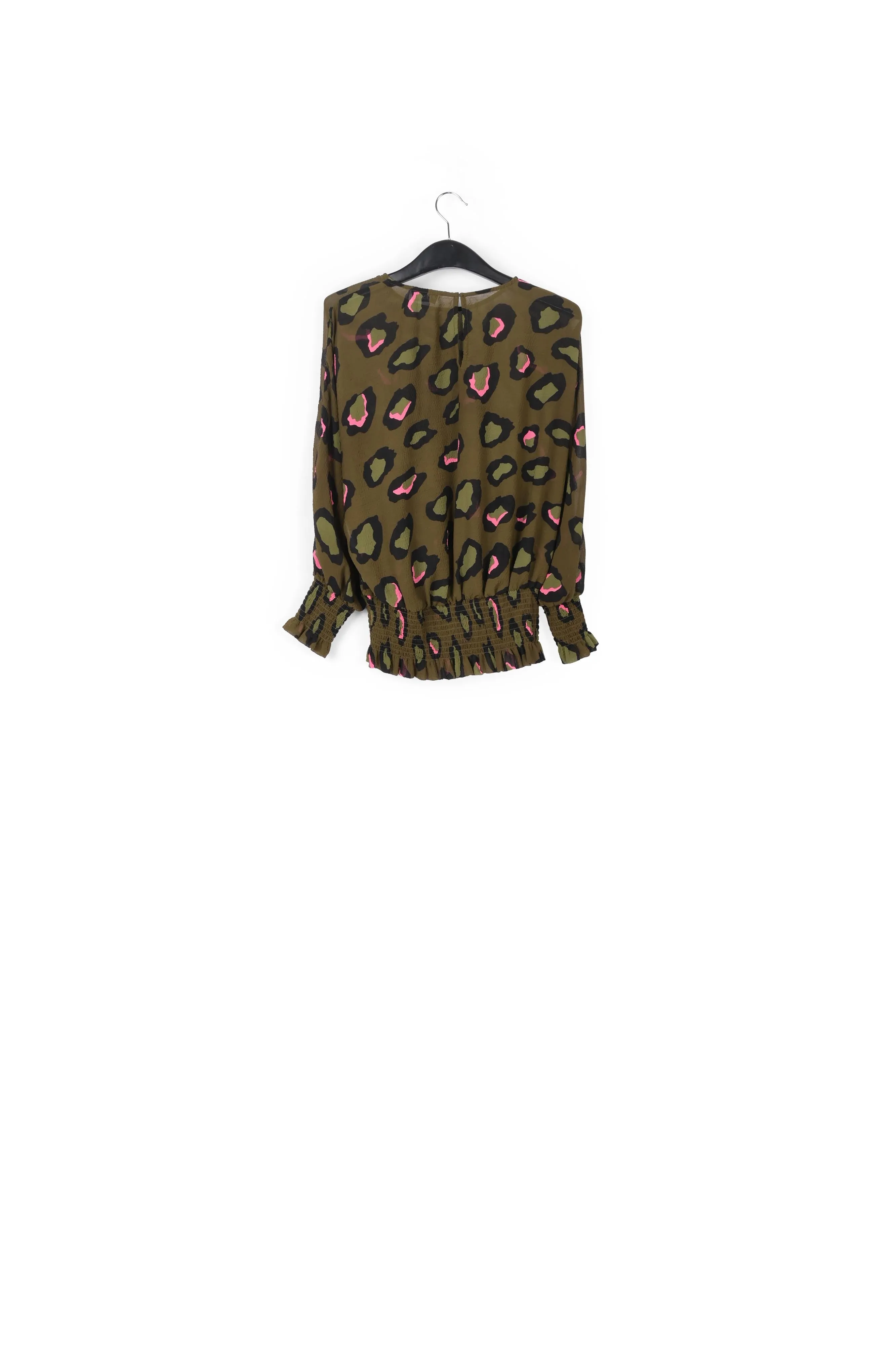 Khaki smocked top with leopard print