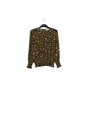 Khaki smocked top with leopard print
