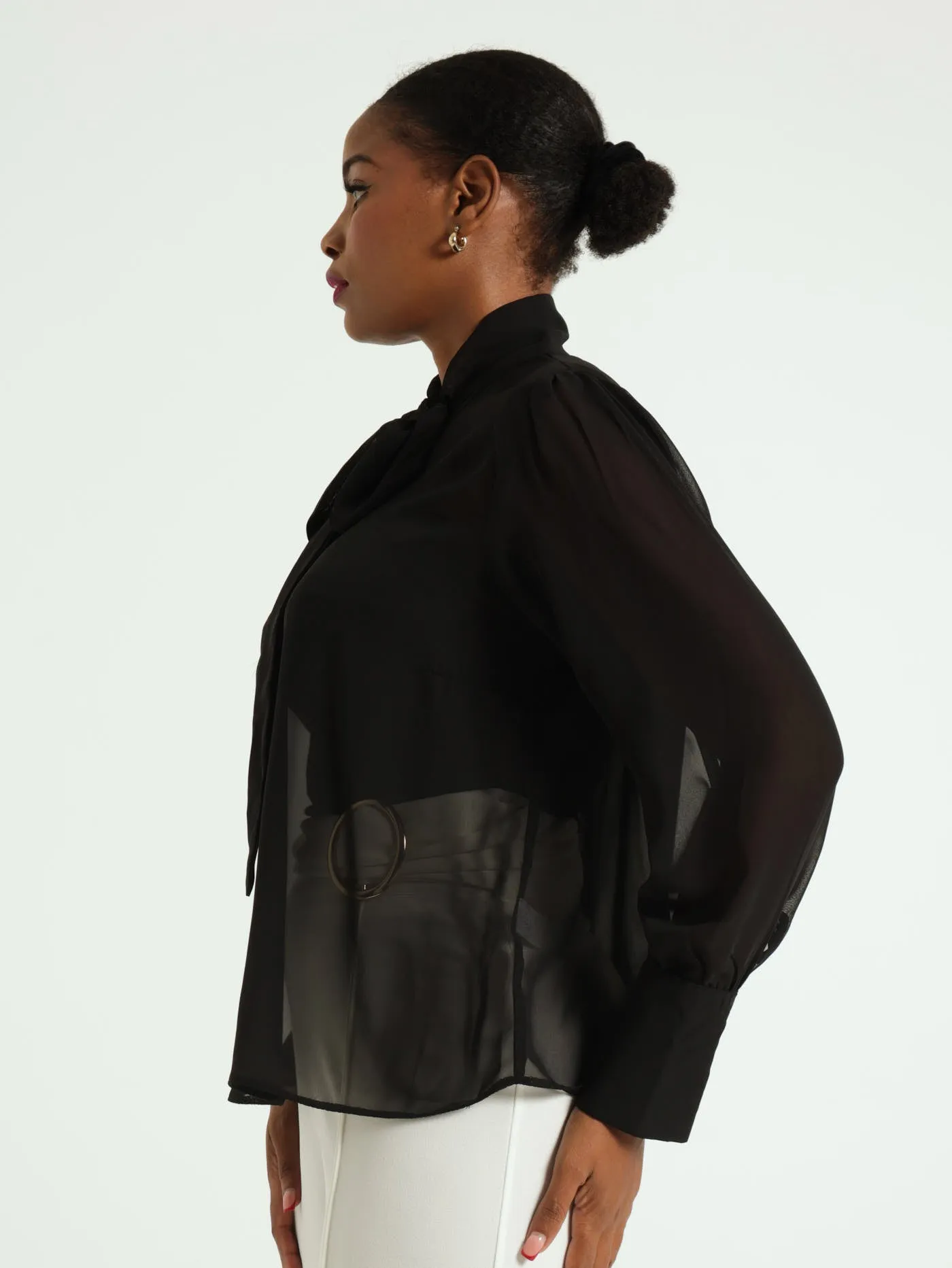 Kitty Bow Chiffon Blouse - Black
