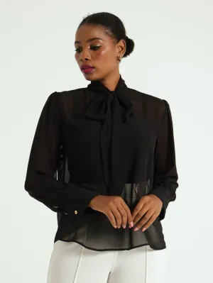 Kitty Bow Chiffon Blouse - Black