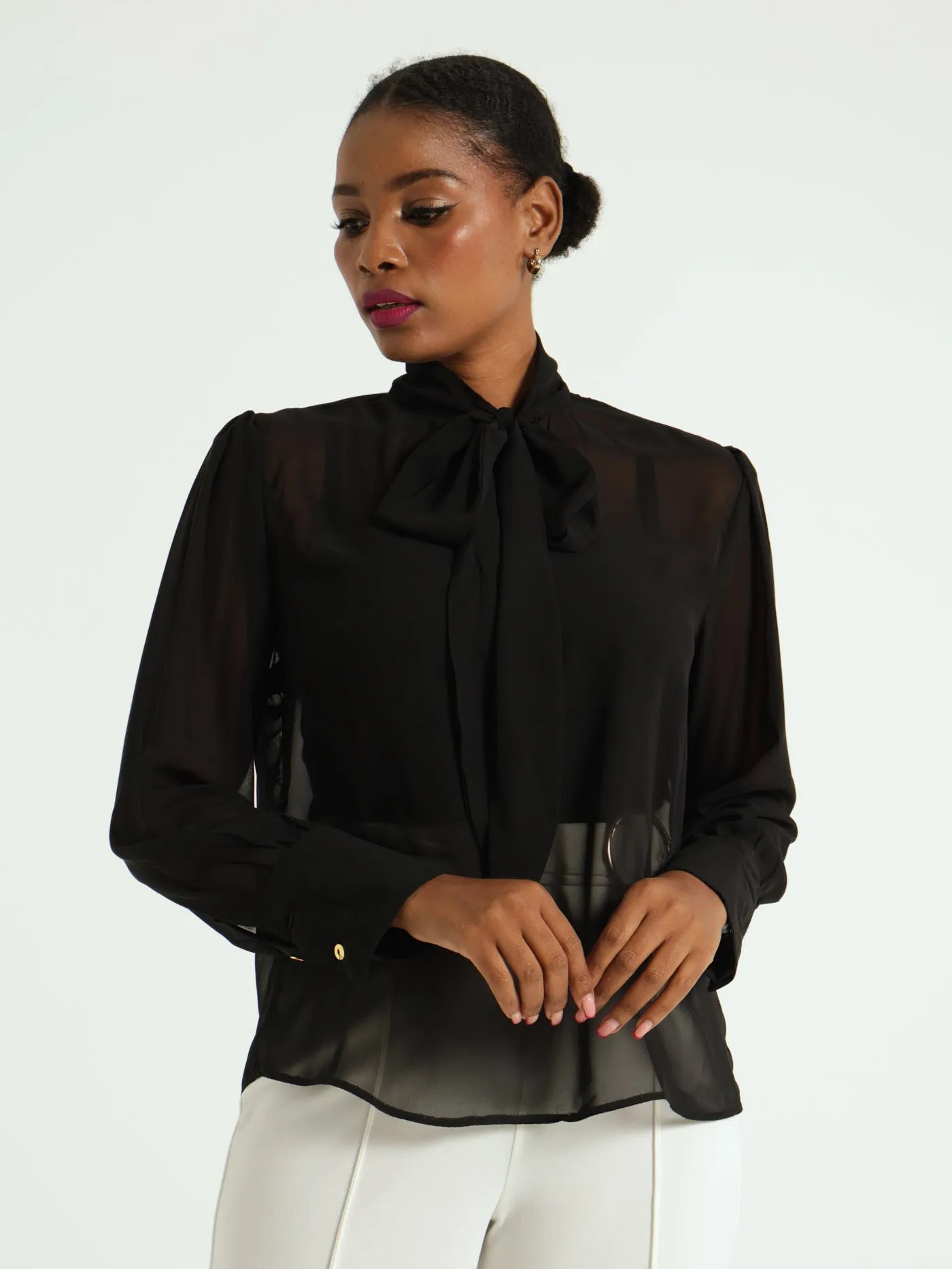 Kitty Bow Chiffon Blouse - Black
