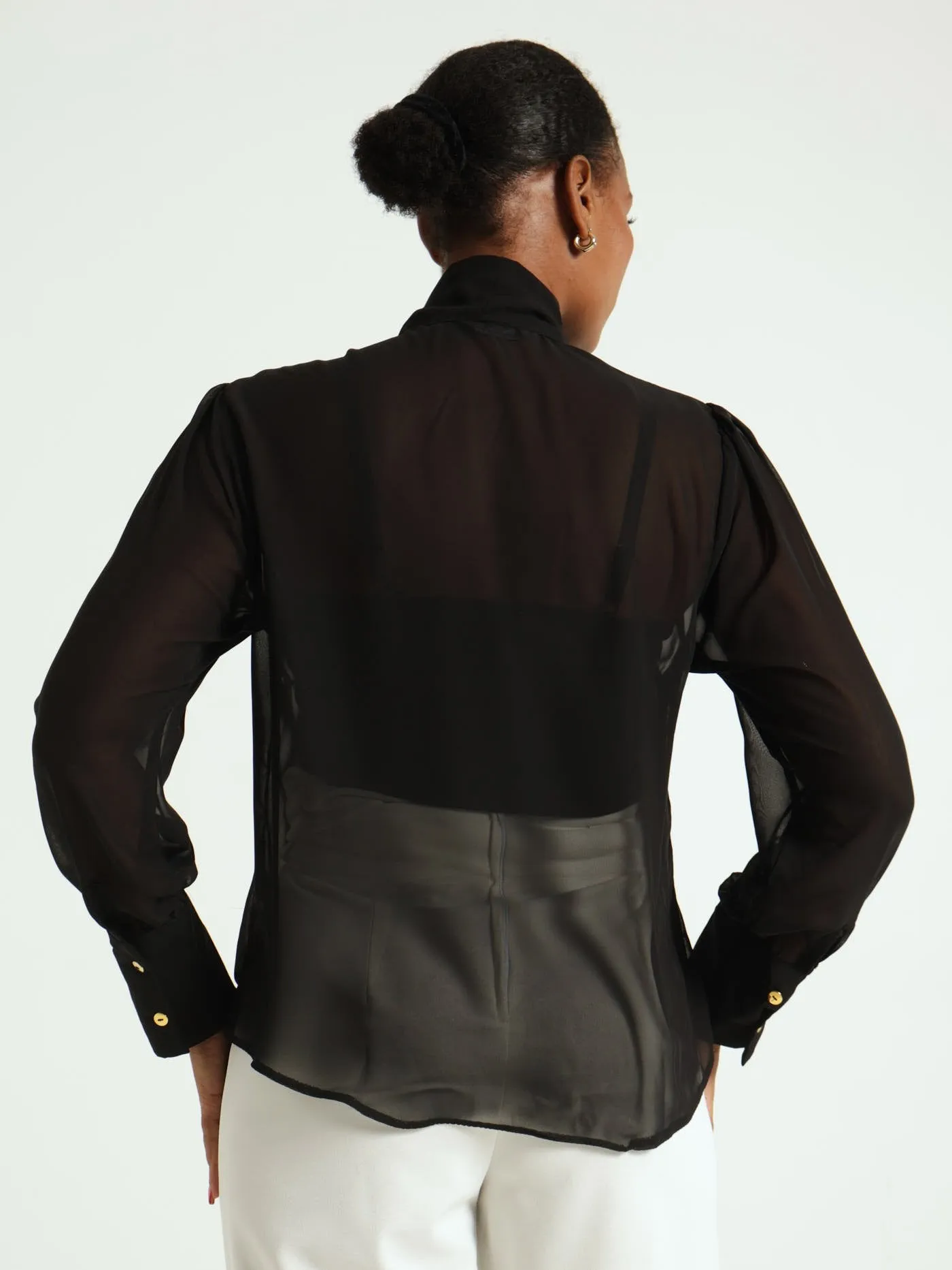 Kitty Bow Chiffon Blouse - Black