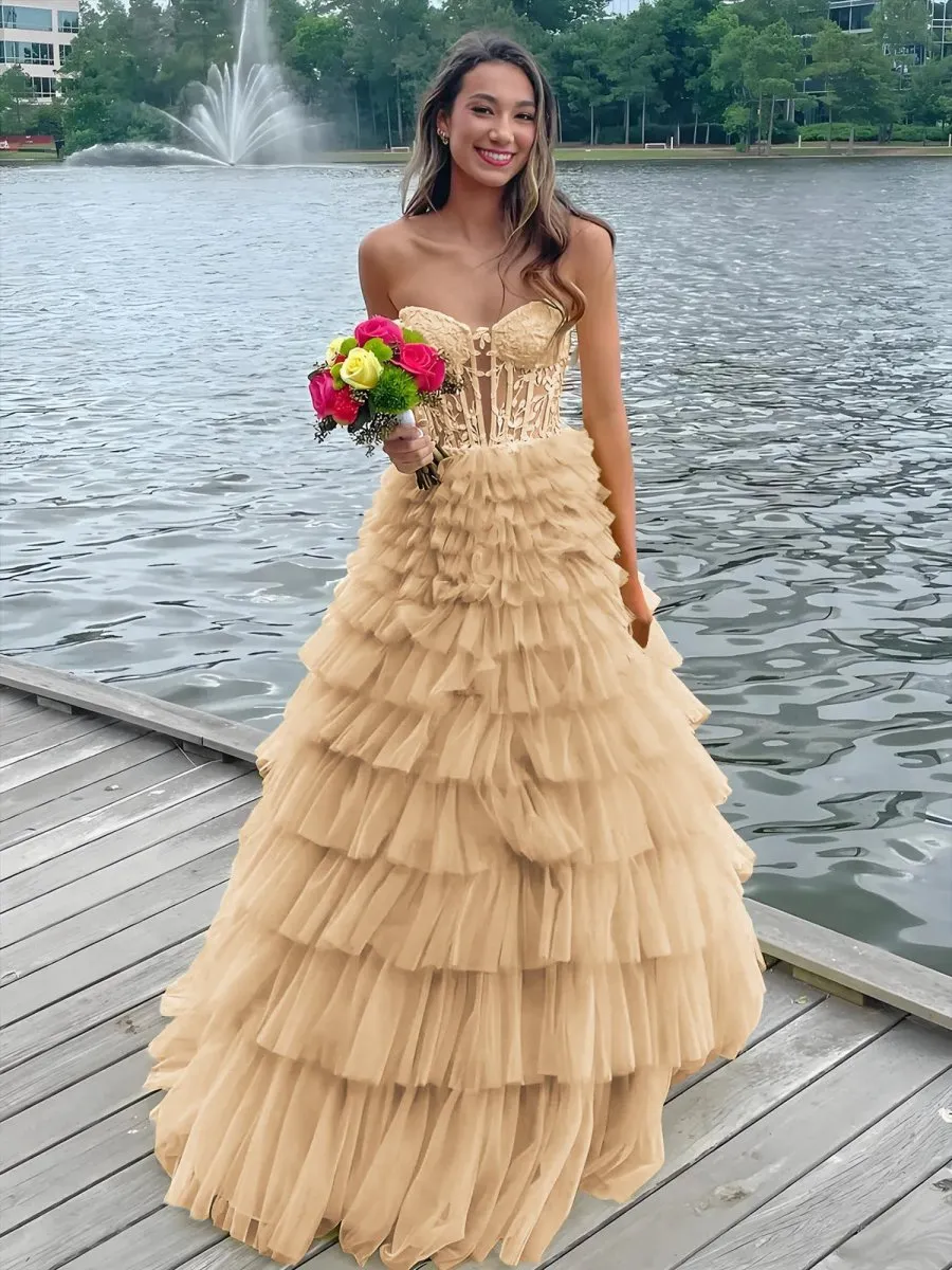 Korrine | Yellow Sweeteart A Line Tiered Tulle Long Prom Dress