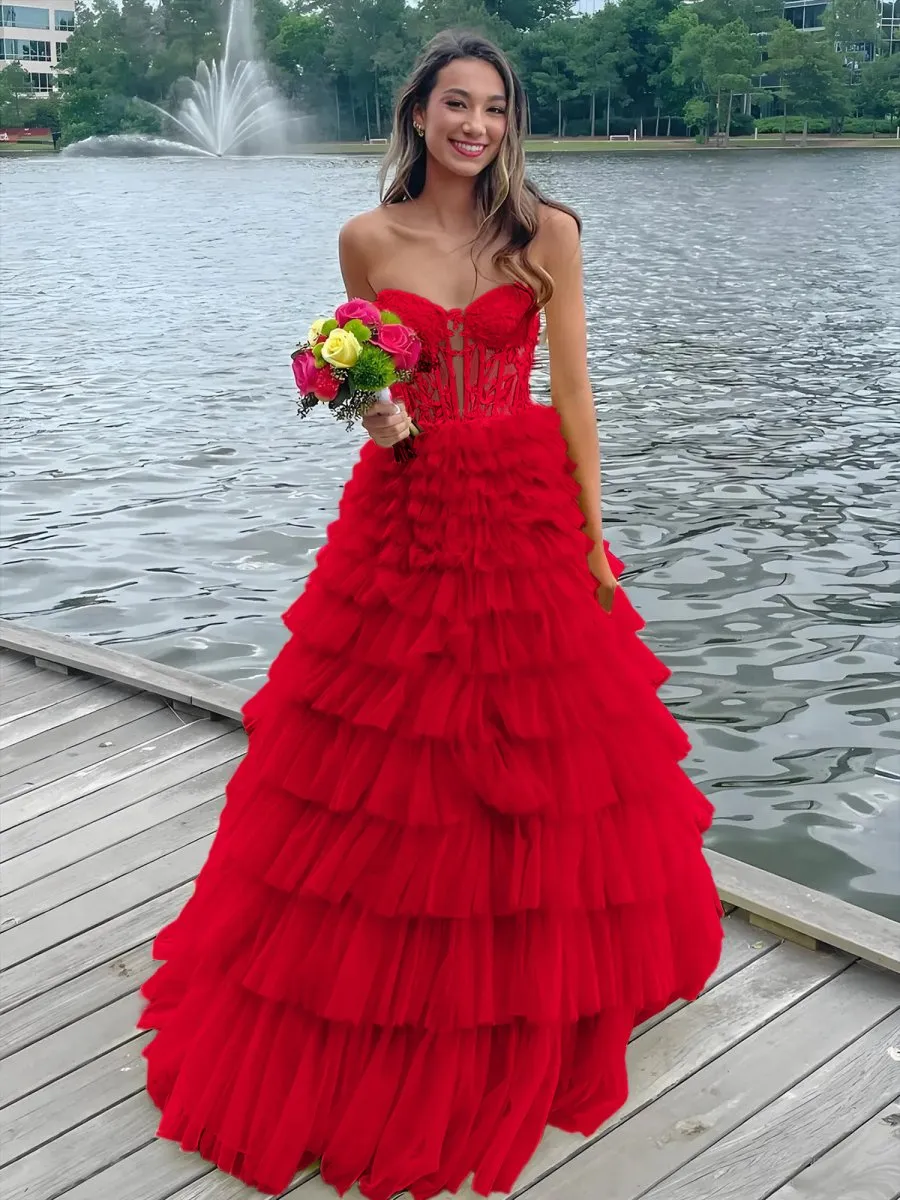 Korrine | Yellow Sweeteart A Line Tiered Tulle Long Prom Dress