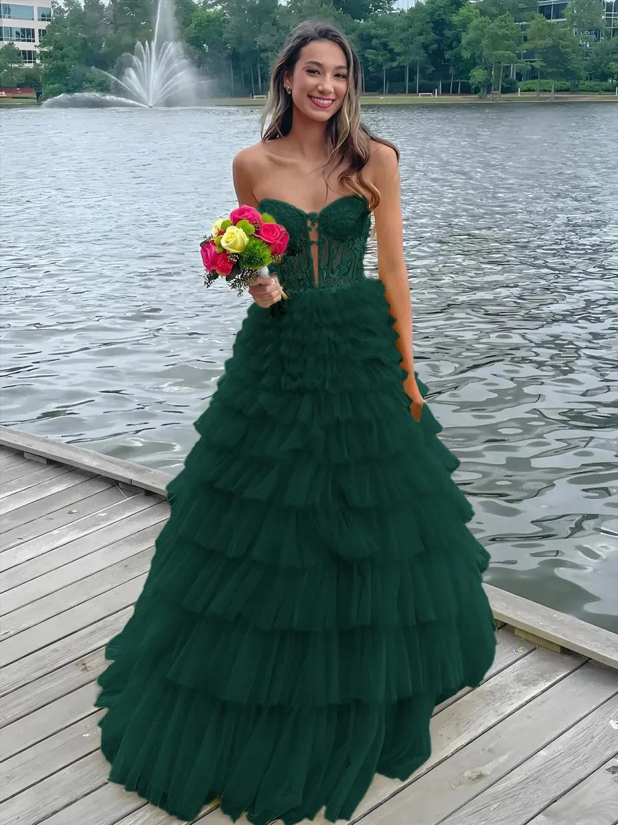 Korrine | Yellow Sweeteart A Line Tiered Tulle Long Prom Dress