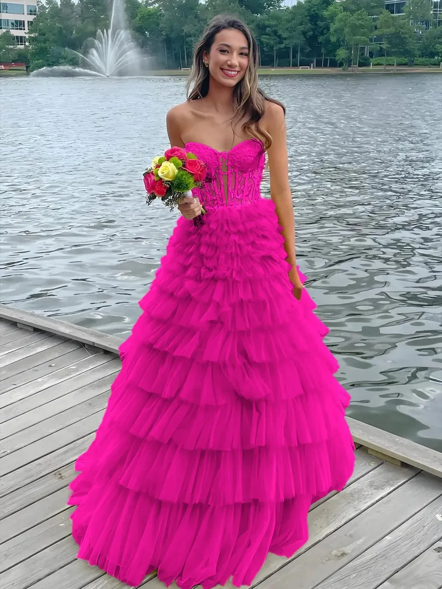 Korrine | Yellow Sweeteart A Line Tiered Tulle Long Prom Dress