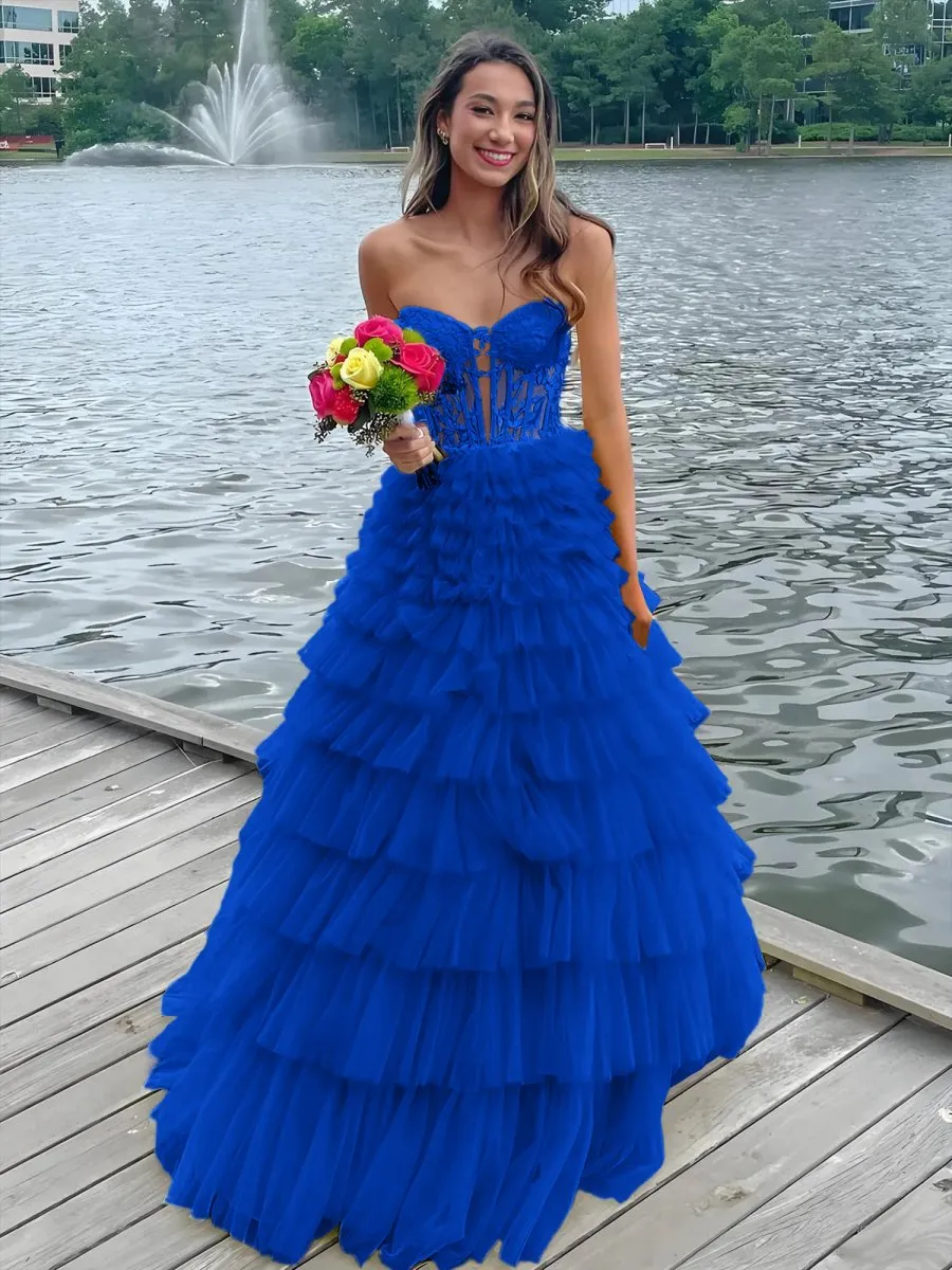 Korrine | Yellow Sweeteart A Line Tiered Tulle Long Prom Dress