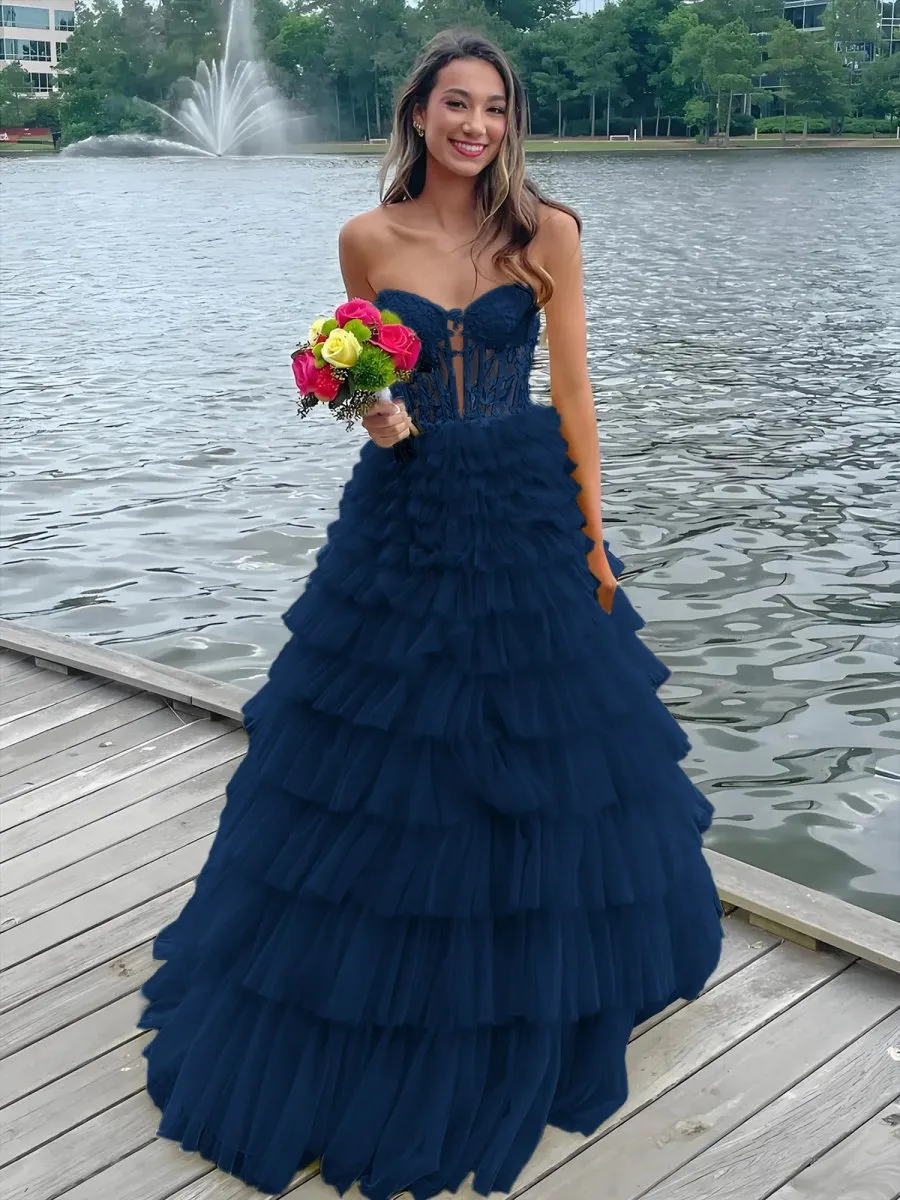 Korrine | Yellow Sweeteart A Line Tiered Tulle Long Prom Dress