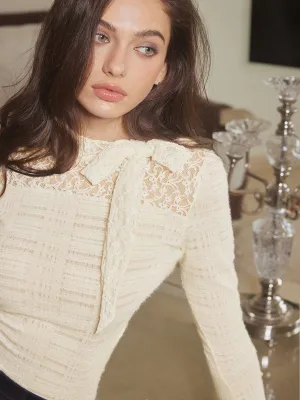 Lace Bow Textured Slim Blouse