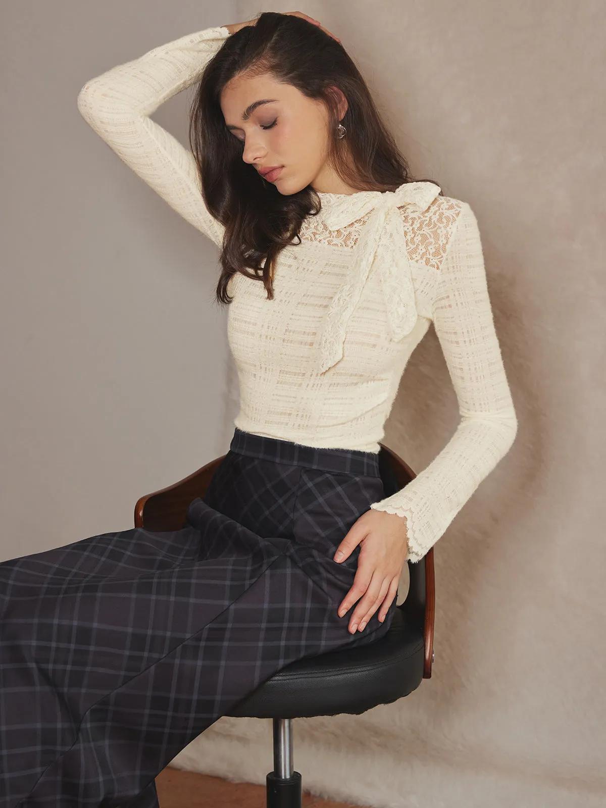 Lace Bow Textured Slim Blouse