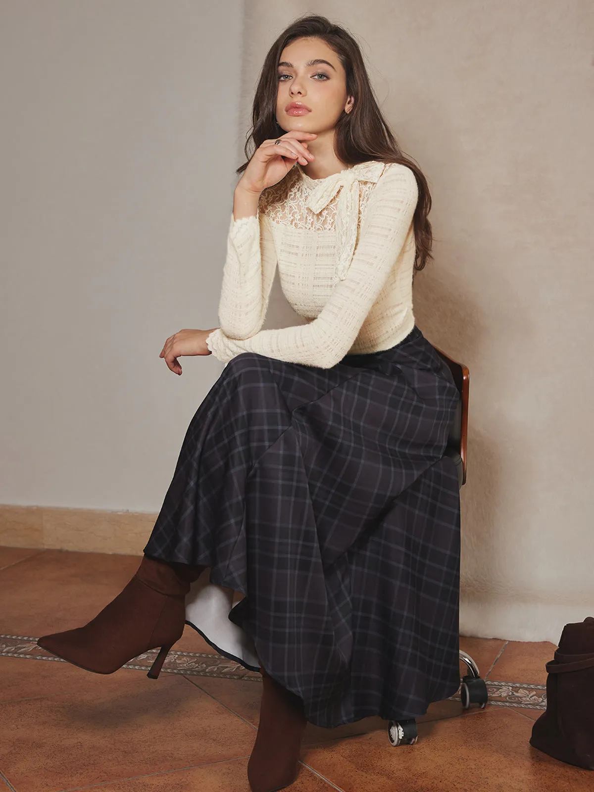 Lace Bow Textured Slim Blouse