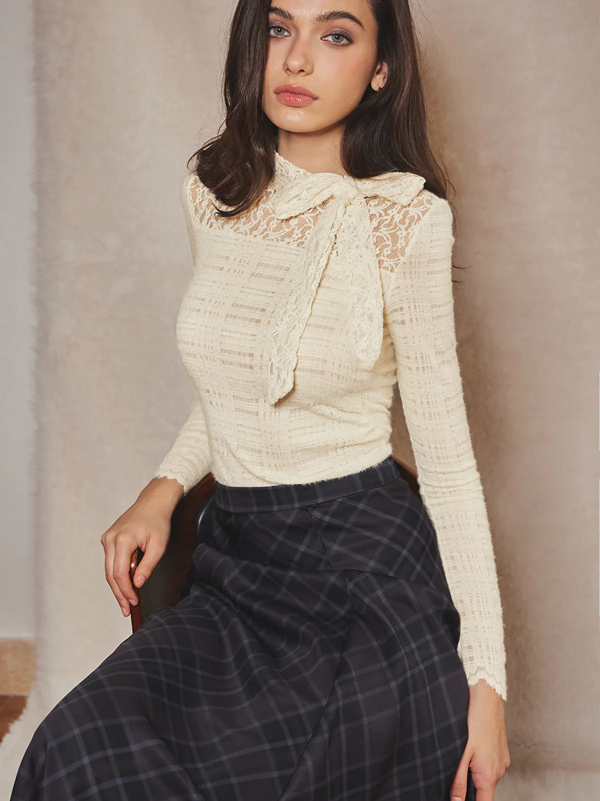 Lace Bow Textured Slim Blouse