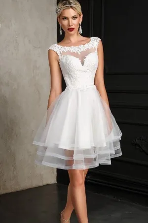 Lace Capped Sleeves Informal Bridal Dress with Tiered Skirt