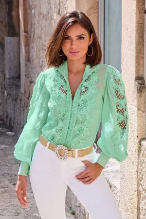Lace Inset Drama Sleeve Shirt Mint