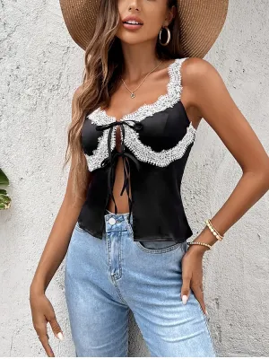 Lace Tie Up Cut-out Satin Crop Top