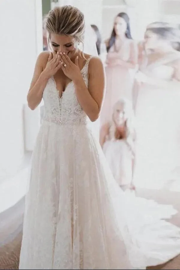 Lace Wedding Dresses with Court Train,Custom Made Wedding Gown,MW332