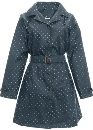 Ladies Dot Printed Mid-Length Basic Rain Coat with Removable Hood