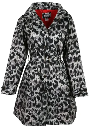 Ladies Leopard Printed Mid-Length Basic Rain Coat with Removable Hood
