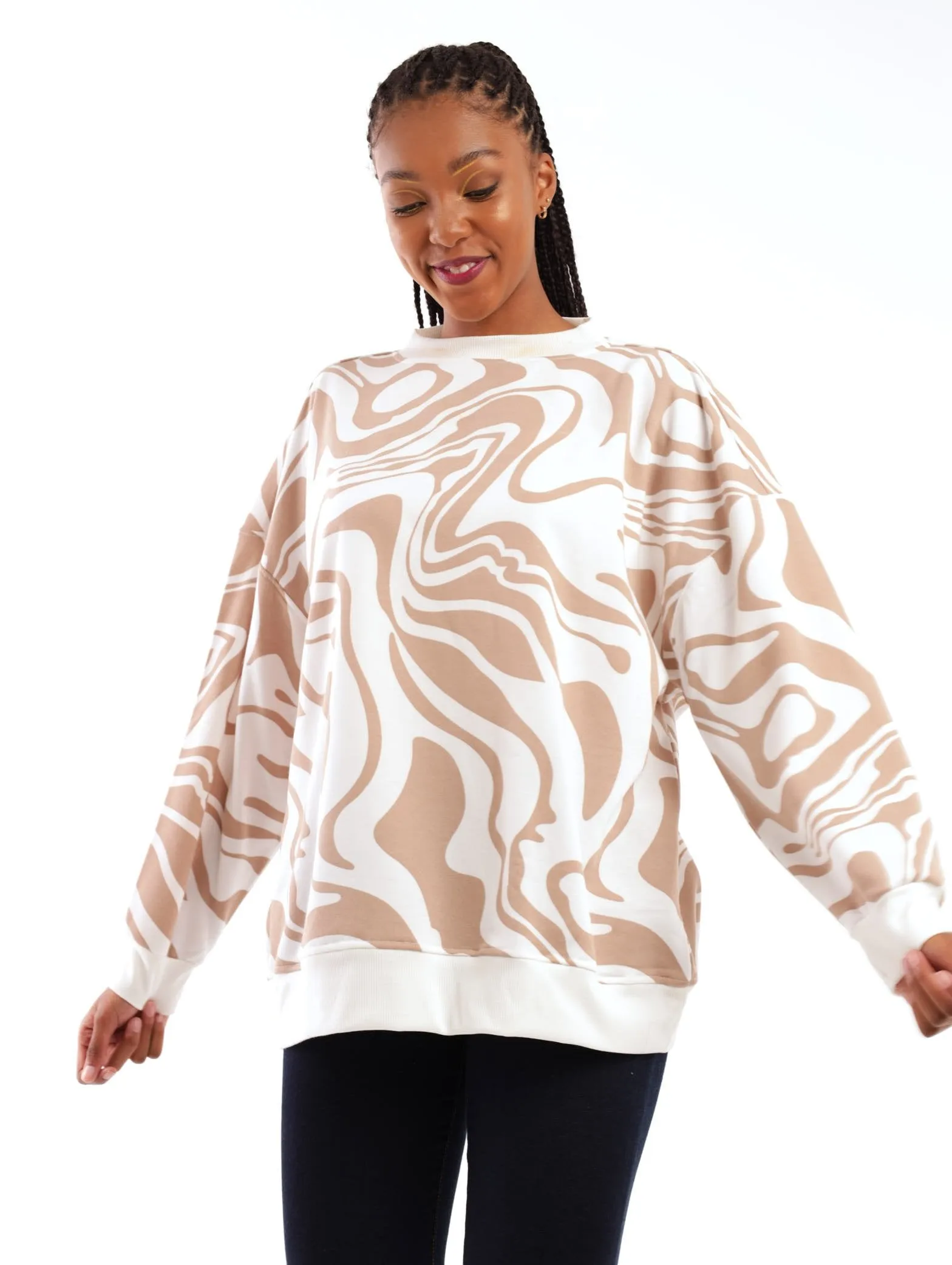 Ladies Oversized Marble Crew Top - Beige