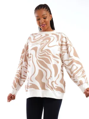 Ladies Oversized Marble Crew Top - Beige