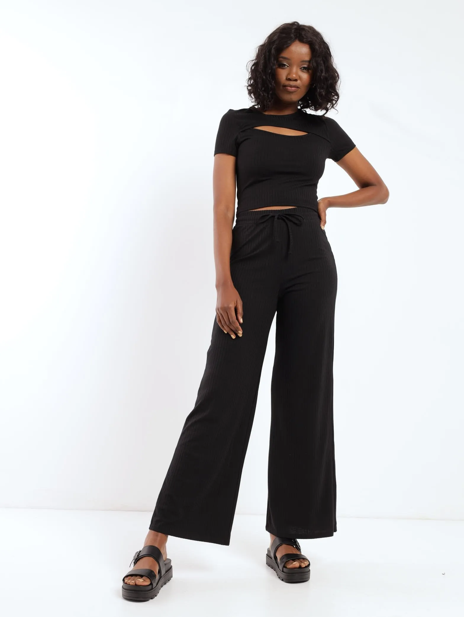 Ladies Ribbed Cut Out Tee - Black