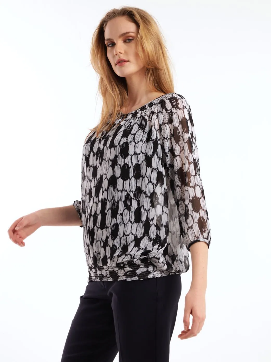 Ladies Smocked Chiffon Blouse - Black/White