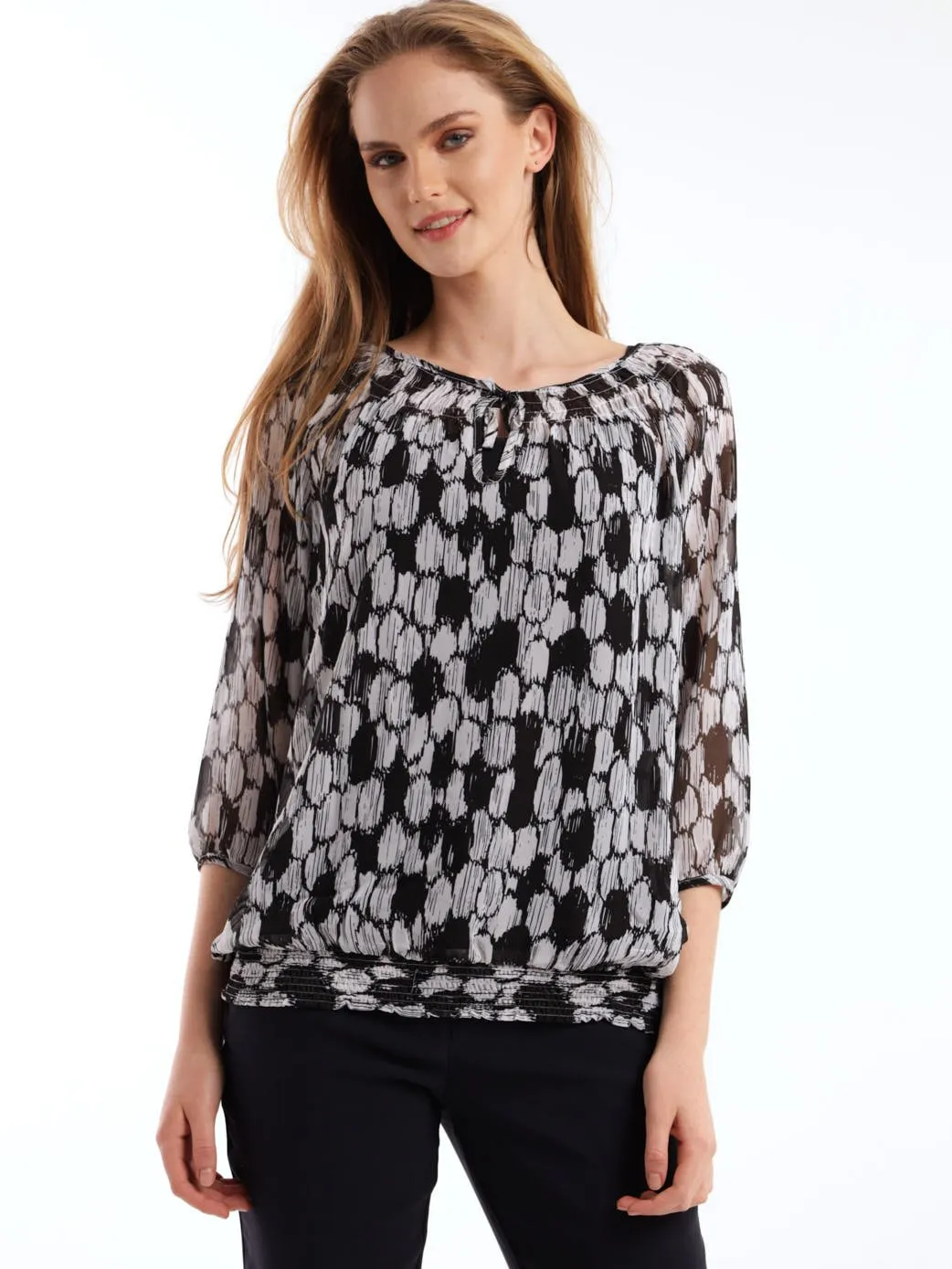 Ladies Smocked Chiffon Blouse - Black/White