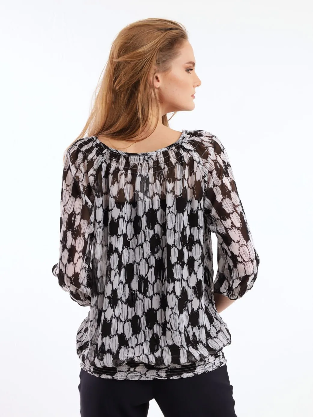 Ladies Smocked Chiffon Blouse - Black/White