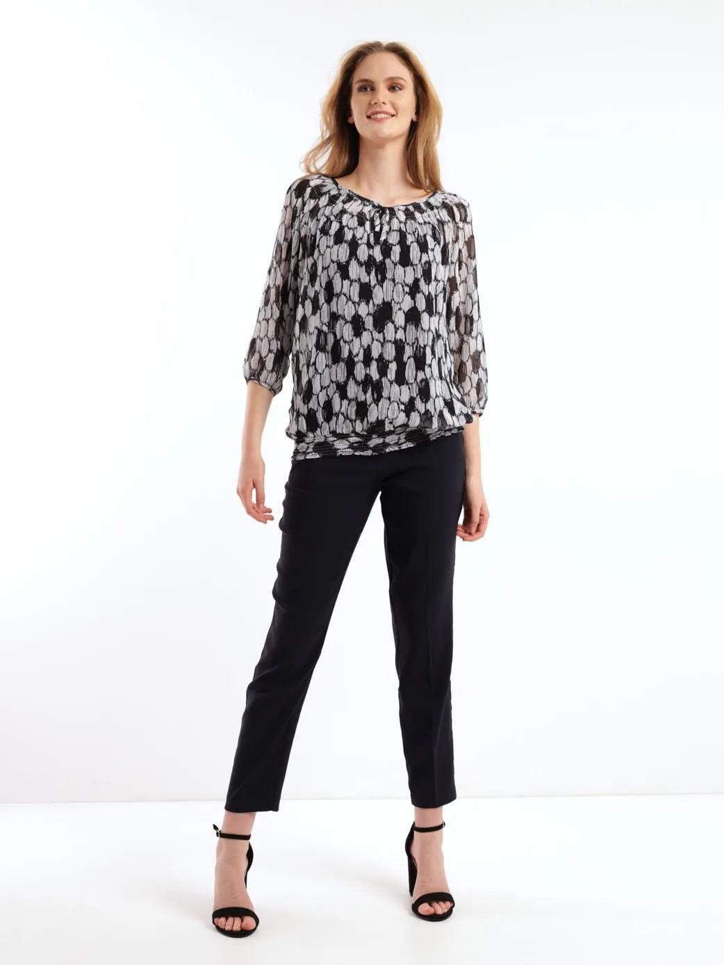 Ladies Smocked Chiffon Blouse - Black/White