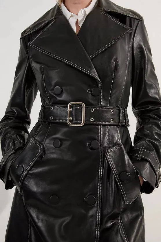 Leather Stitch Detail Tailored Trench Coat