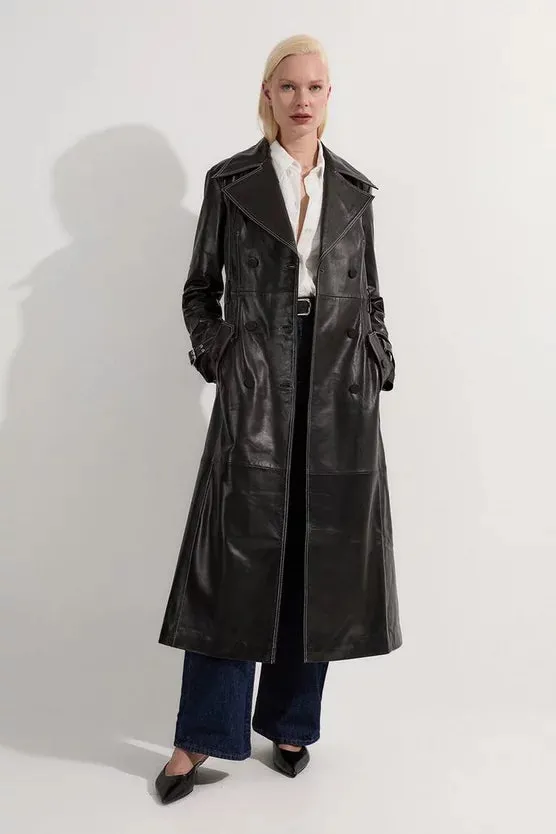 Leather Stitch Detail Tailored Trench Coat