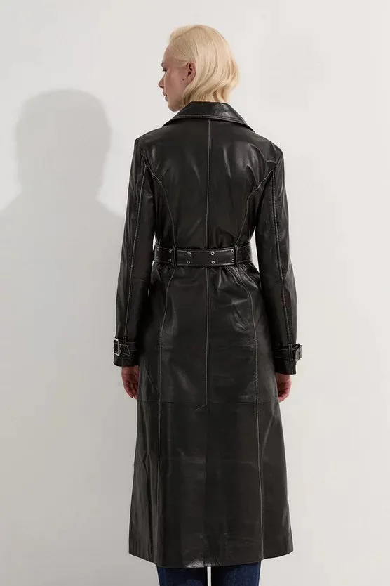 Leather Stitch Detail Tailored Trench Coat