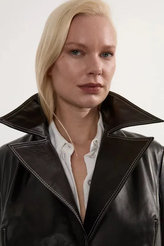 Leather Stitch Detail Tailored Trench Coat