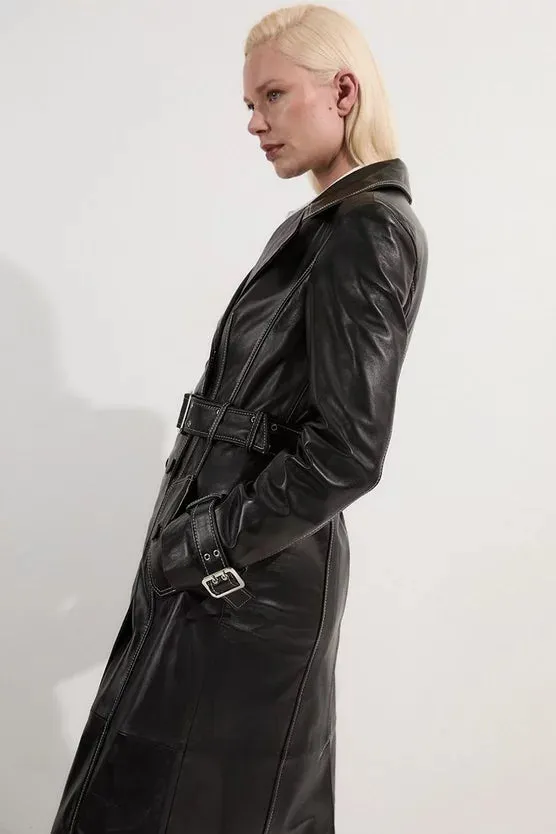 Leather Stitch Detail Tailored Trench Coat