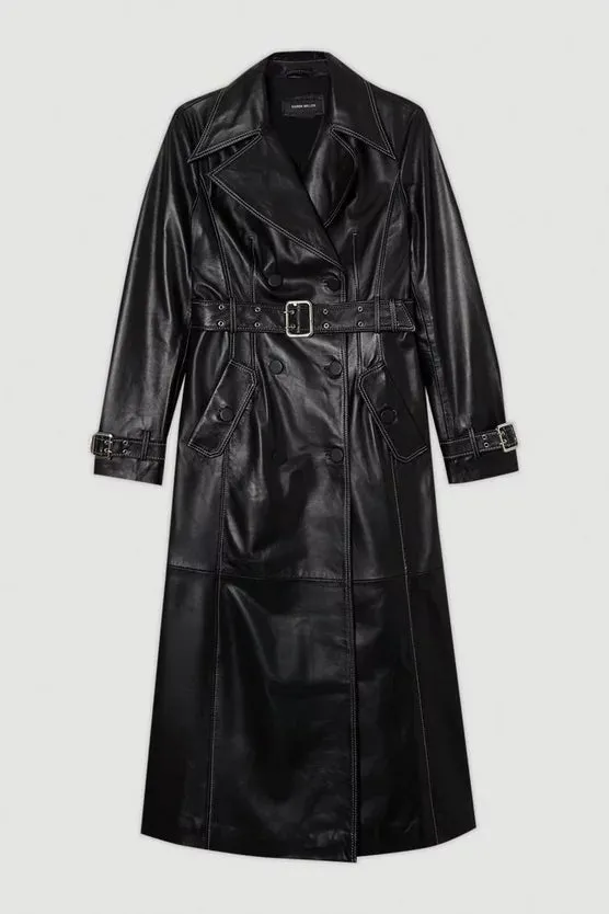 Leather Stitch Detail Tailored Trench Coat