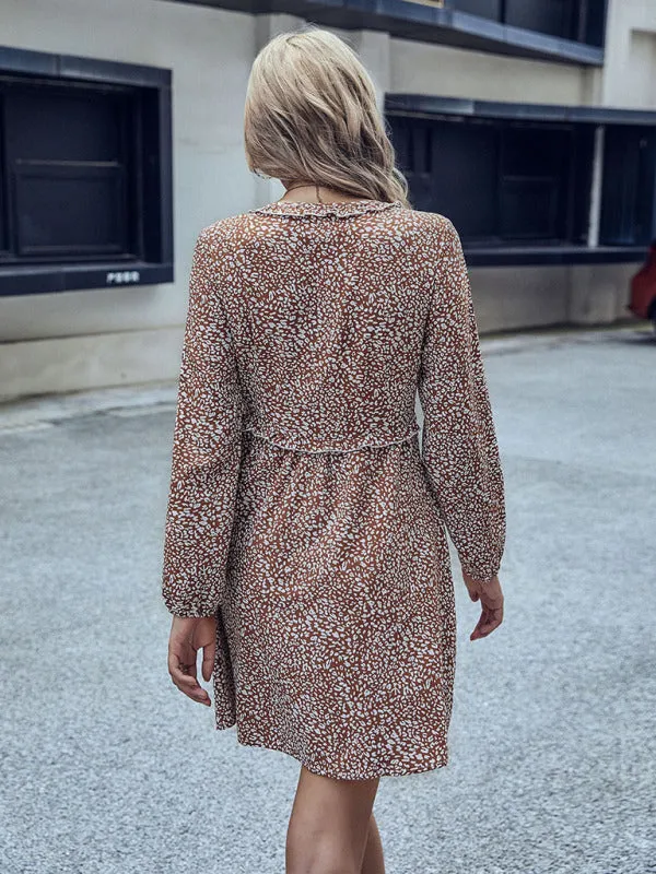Leopard Print A-line Dress with V-neck Ruffle Trim