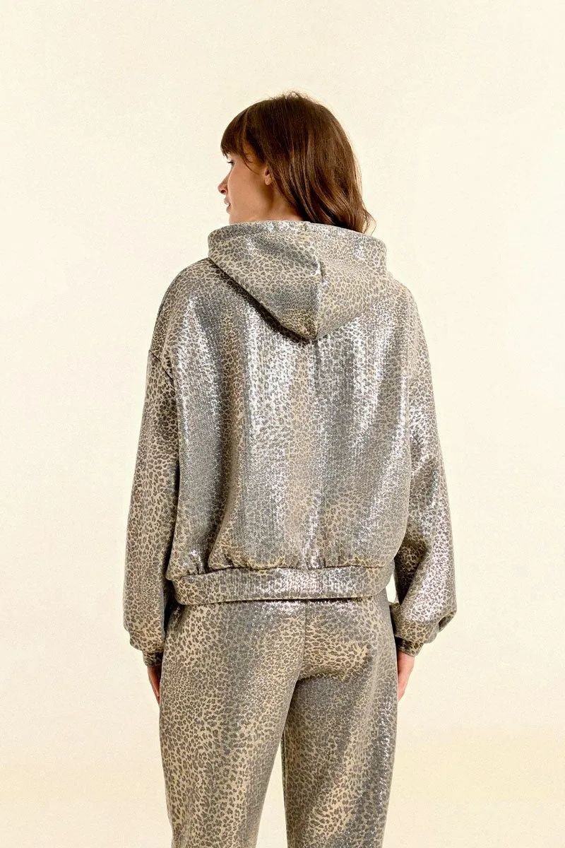 LEOPARD PRINT HOODED CROPPED SWEATSHIRT