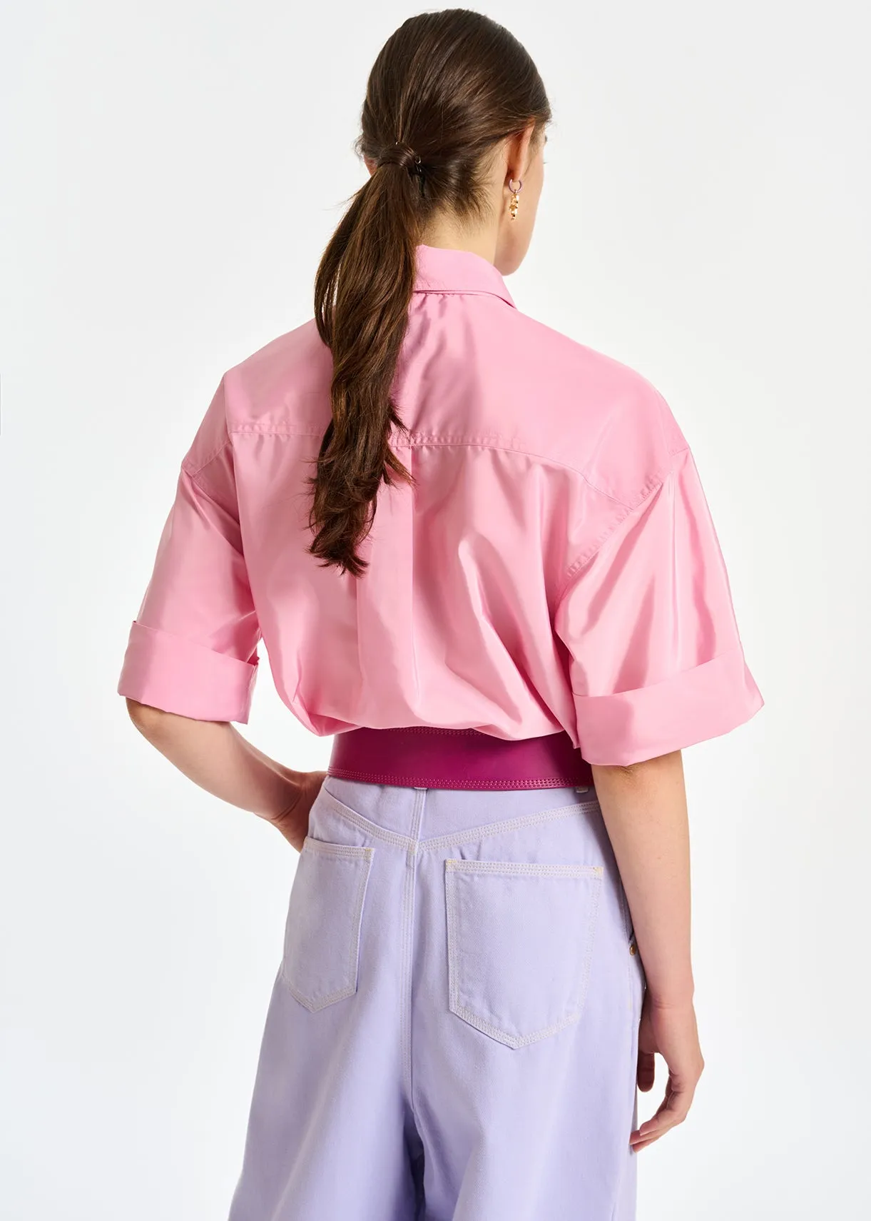 Light pink striped shirt with pussy bow