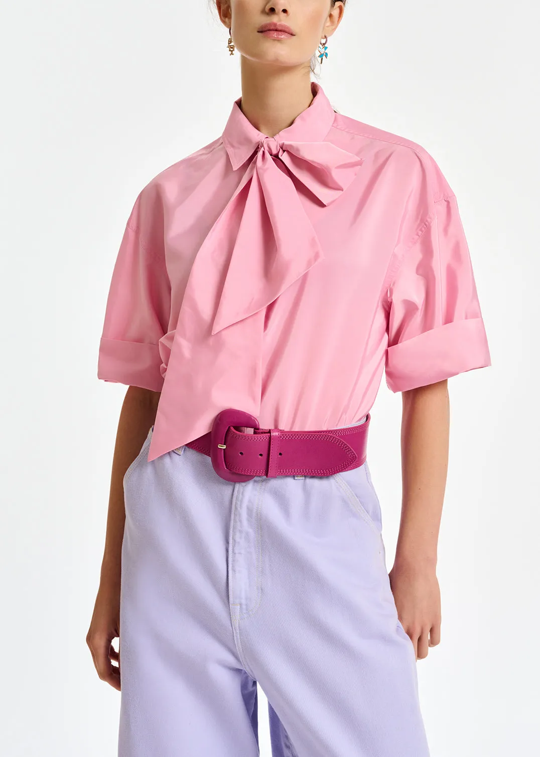 Light pink striped shirt with pussy bow