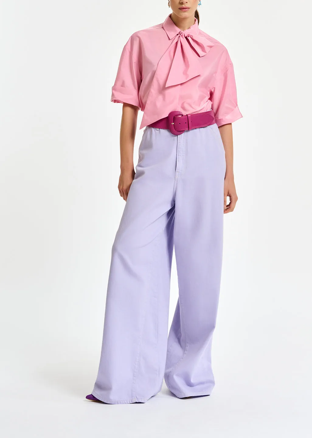 Light pink striped shirt with pussy bow