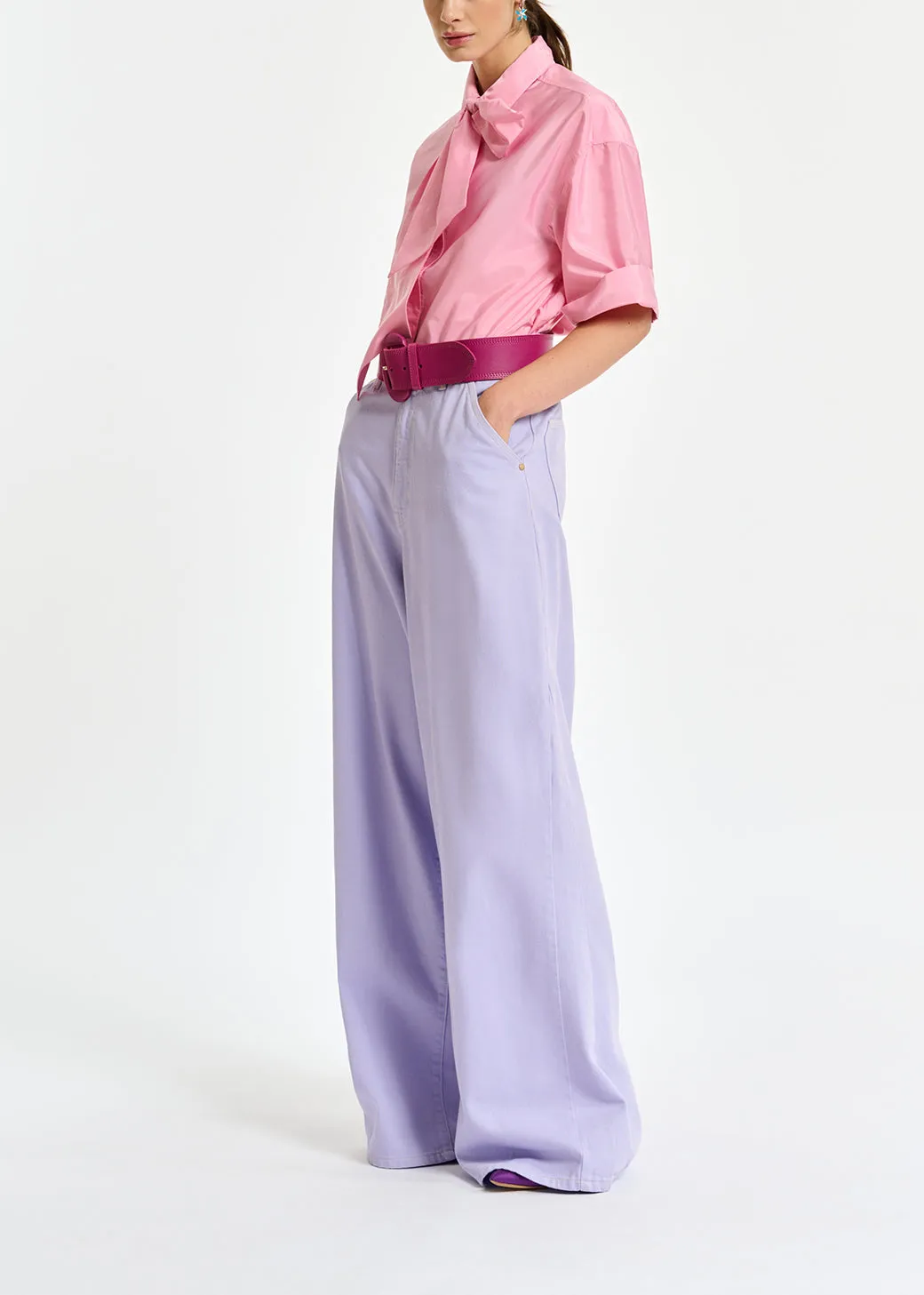 Light pink striped shirt with pussy bow