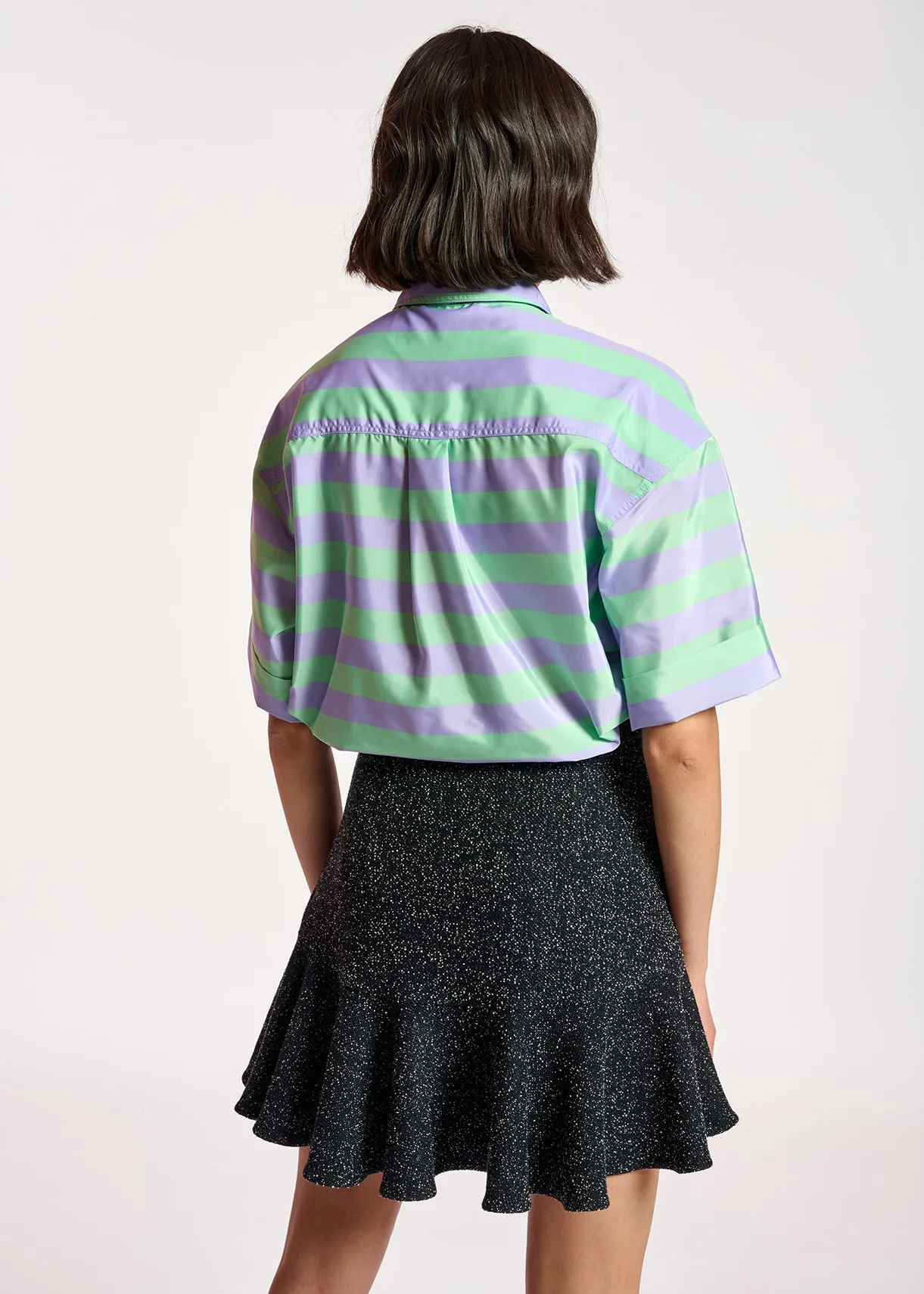 Lilac and mint green striped shirt with pussy bow