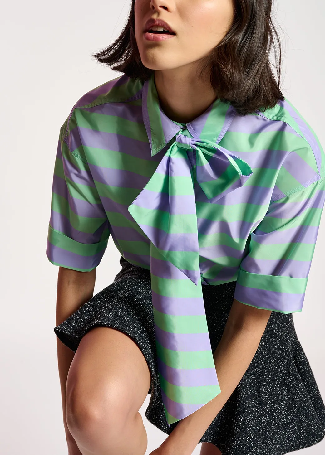 Lilac and mint green striped shirt with pussy bow