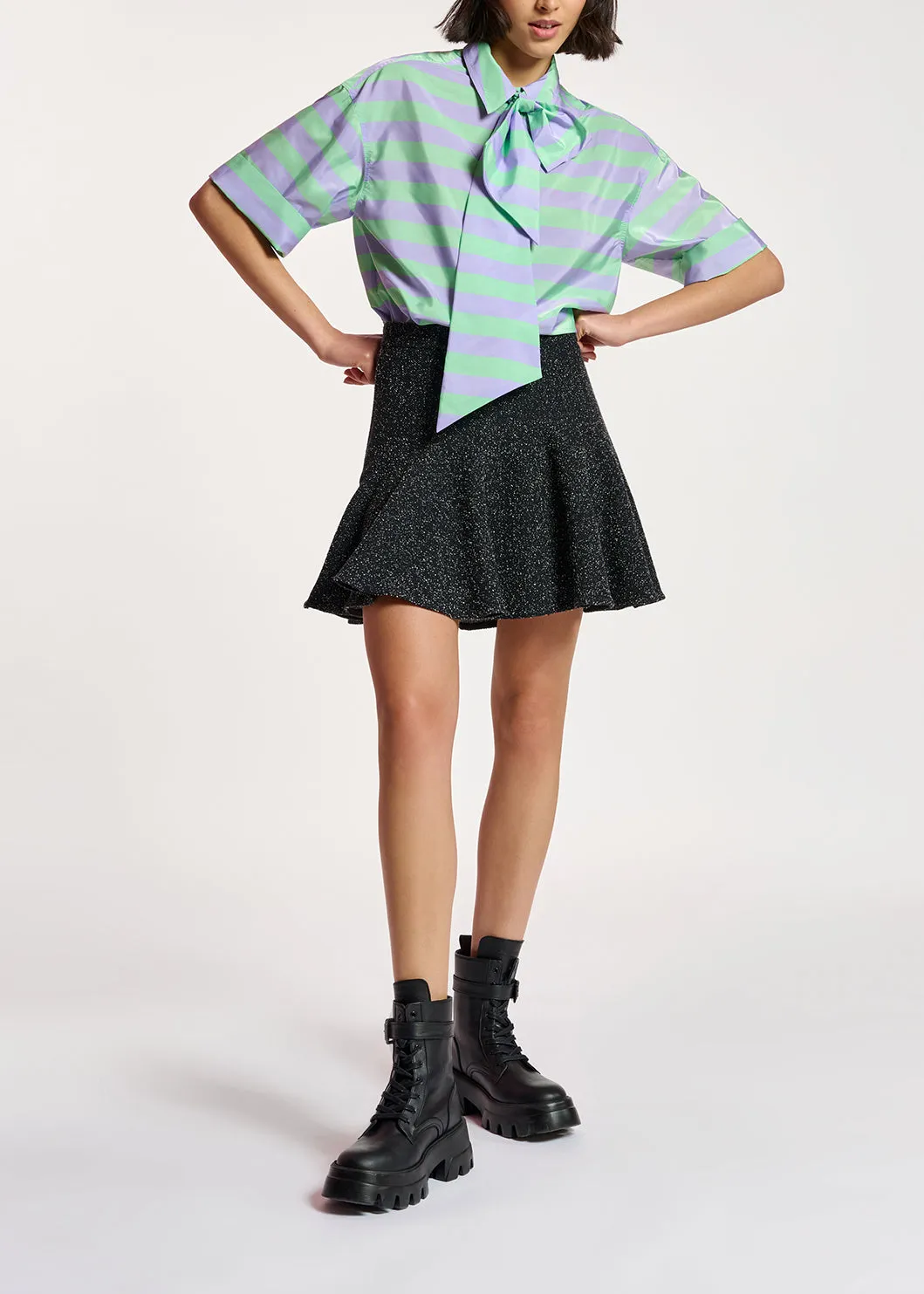 Lilac and mint green striped shirt with pussy bow