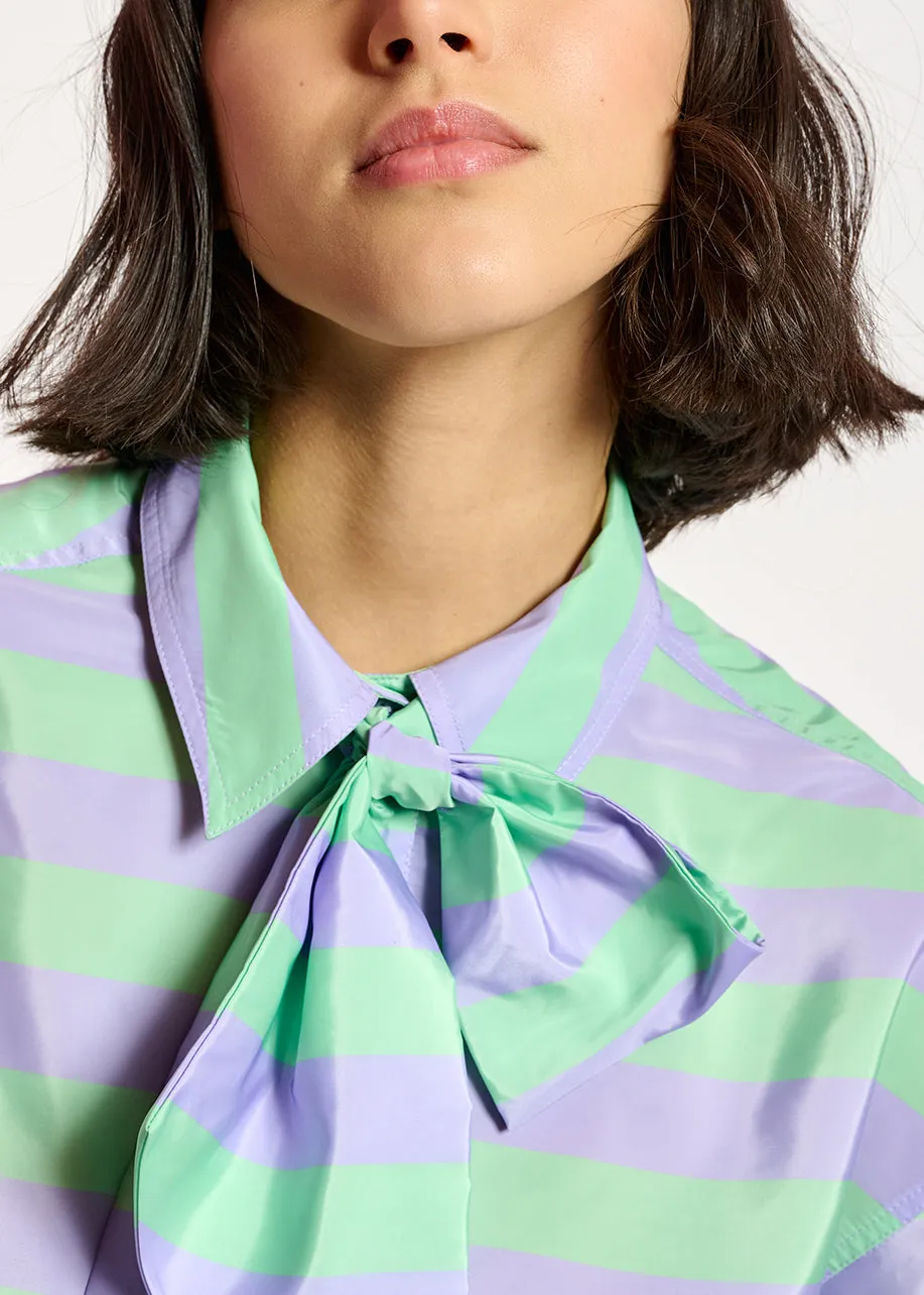 Lilac and mint green striped shirt with pussy bow