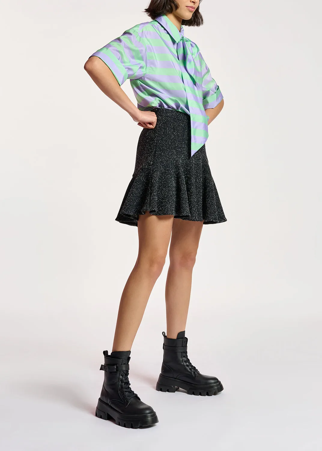 Lilac and mint green striped shirt with pussy bow